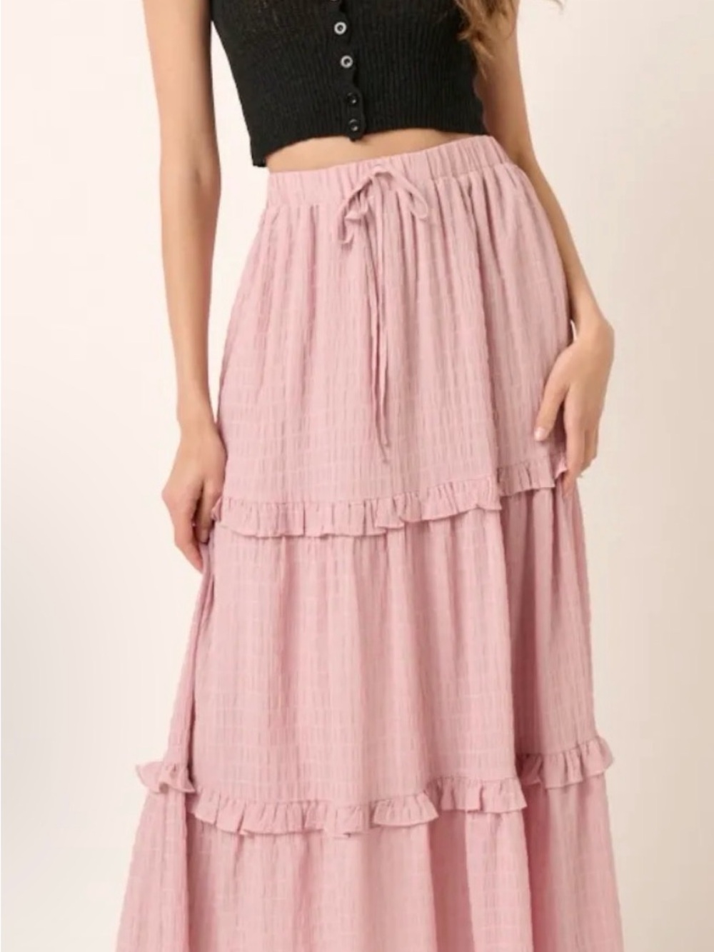 mittoshop Blush Pink Tiered Maxi Skirt with Drawstring